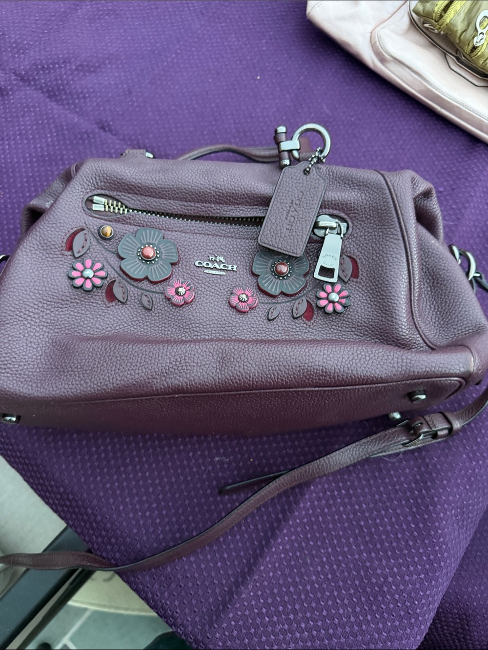 Coach Plum Pebbled Leather Shoulder Bag with Pink Floral Appliqués with Leather